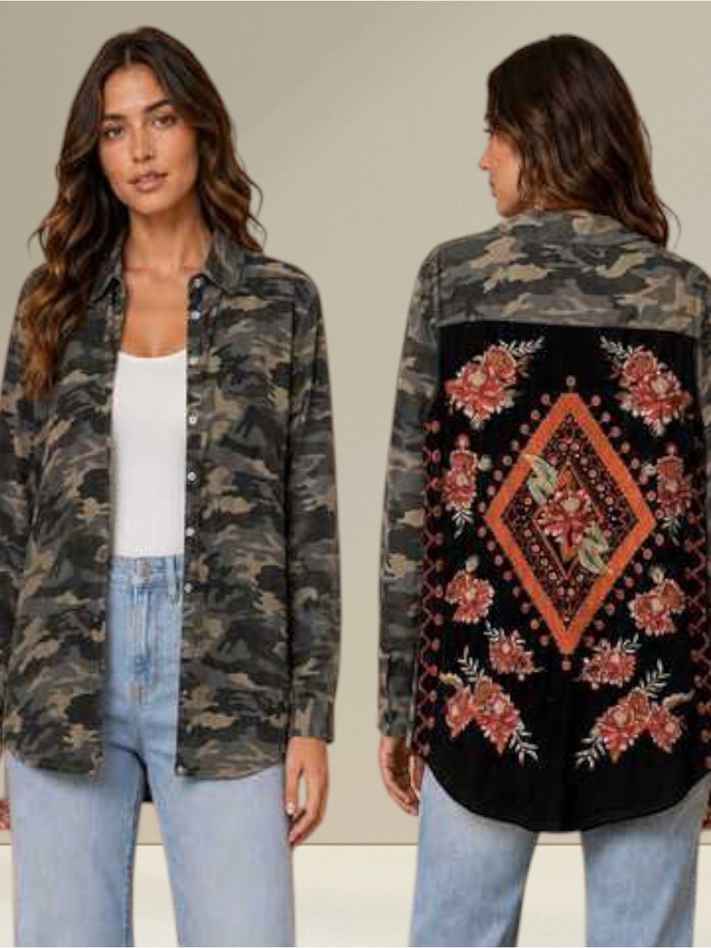 Paparazzi Camo Utility Jacket with Floral Embroidered Back - Olive Camo